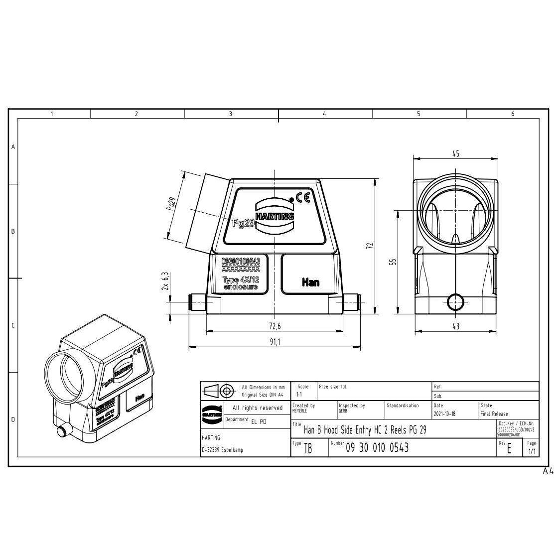 09300100543原装德国 HARTING HAN 10B上壳 Pg29侧出线 单固定杆