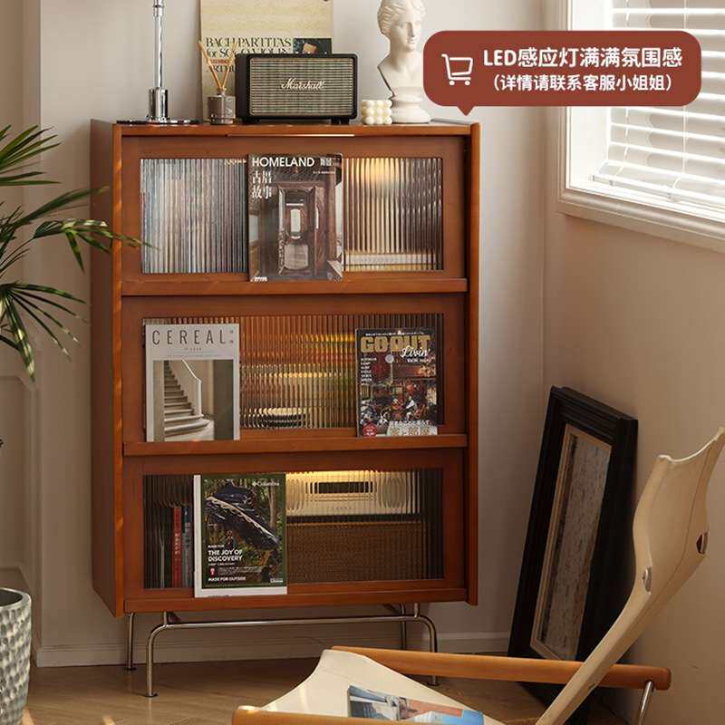 中古风实木书柜复古展示柜法式混搭客厅翻门杂志柜储物柜沙发边柜
