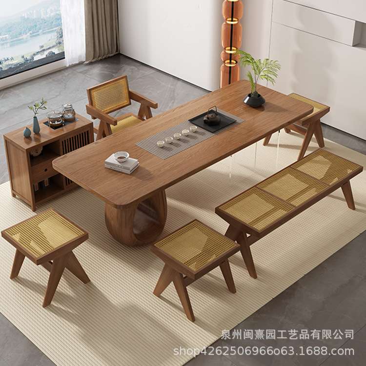 现代简约实木办公室接待泡茶桌子家用客厅大板原木猫洞茶台茶桌椅