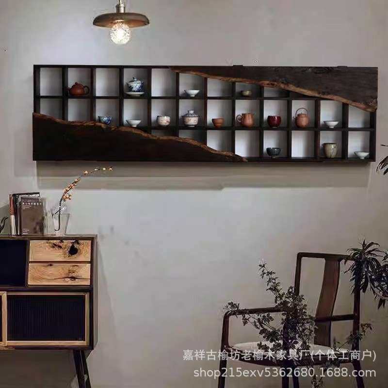 中式复古博古架客厅茶具展示架壁挂式隔断储物架民宿酒吧茶杯架