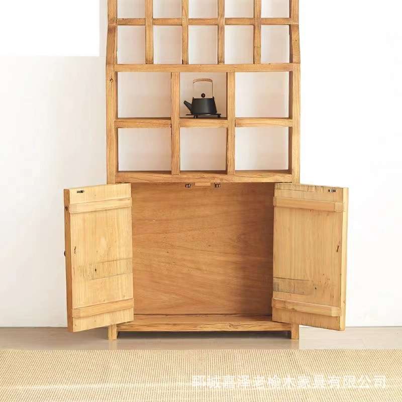 实木格子酒柜收纳架客厅玄关隔断博古架老榆木门板茶壶茶具展示柜