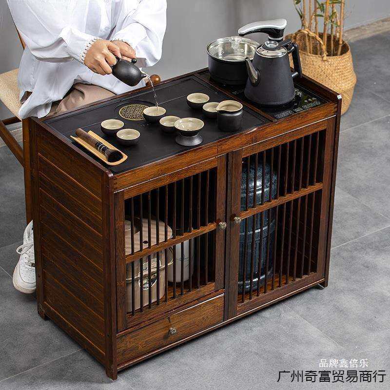 茶几带茶台烧水壶一体客厅茶柜边柜移动式竹制小型竹子侧柜储物柜
