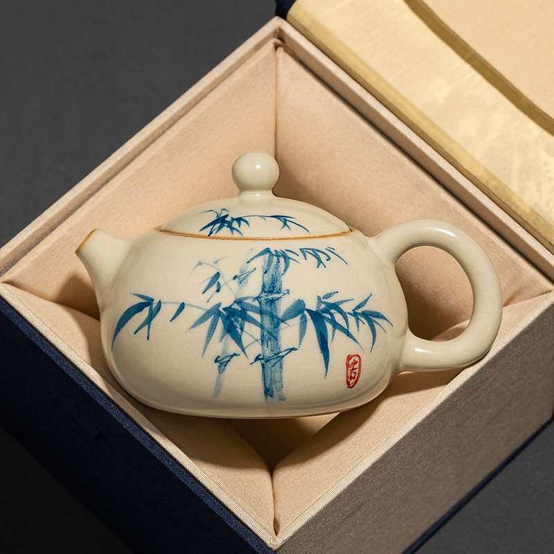 米黄汝窑手绘单茶壶家用西施壶茶具中式大号陶瓷泡茶器泡茶壶