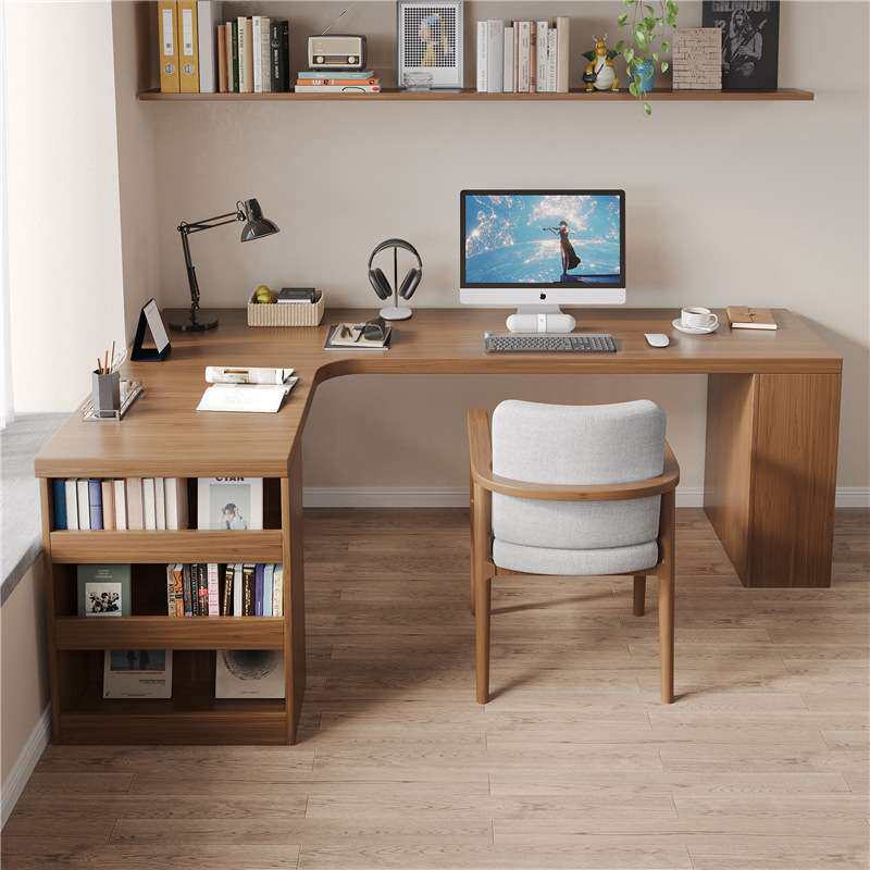 实木卧室转角电脑桌家用简约现代书桌书柜一体原木风办公桌工作台