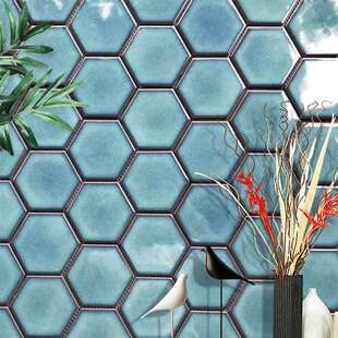 北欧蓝绿釉面陶瓷大六角马赛克瓷砖防滑地砖浴室洗手间墙面