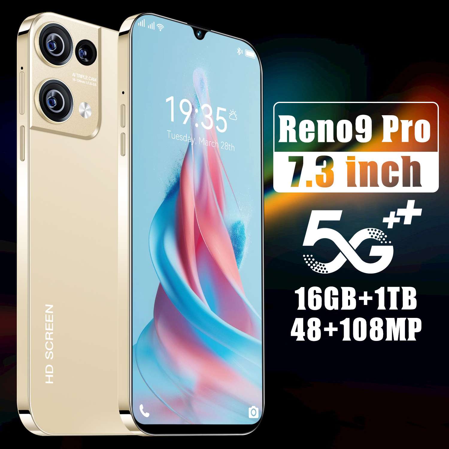 跨境新Reno9 Pro安卓7.3寸高清1300万像素智能手机16+1T(劲爆款)