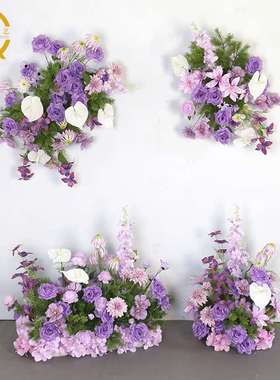 婚礼装饰紫色壁挂花艺 KT板墙面摄影背景布置仿真绢花挂花地排花