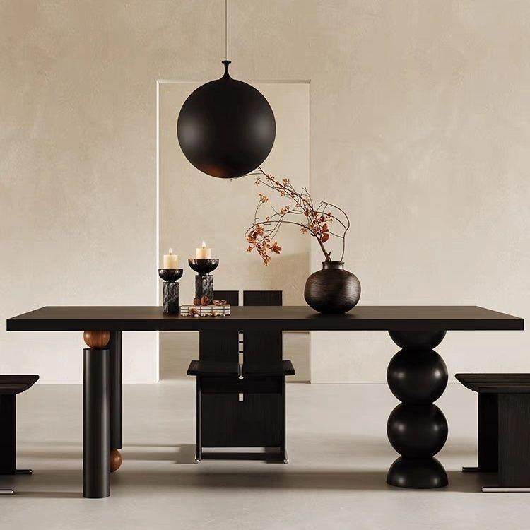 黑色现代小户型实木餐桌椅组合家用极简轻奢长方形简约古复古