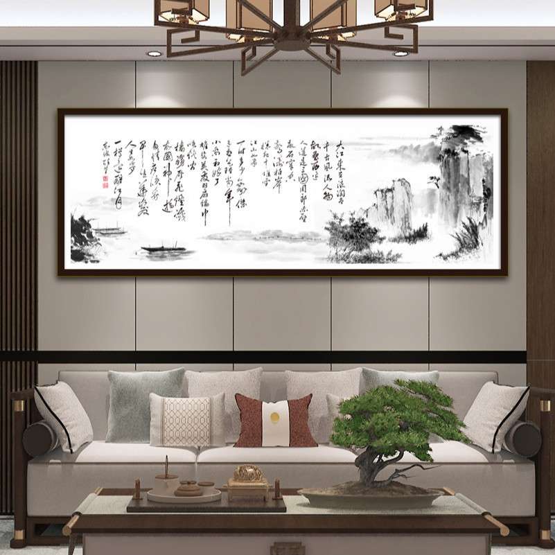 念奴娇赤壁怀古诗词十字绣客厅书房装饰简单印花刺绣水墨山水挂画图片