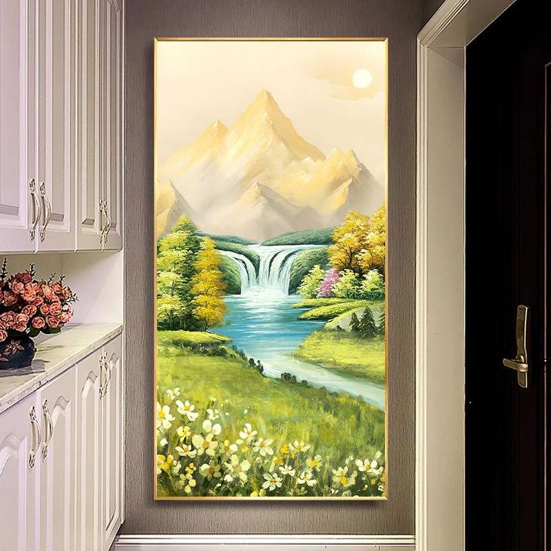 日照金山水油画聚宝盆入户玄关装饰画背靠金山挂画酒店风景壁画图片