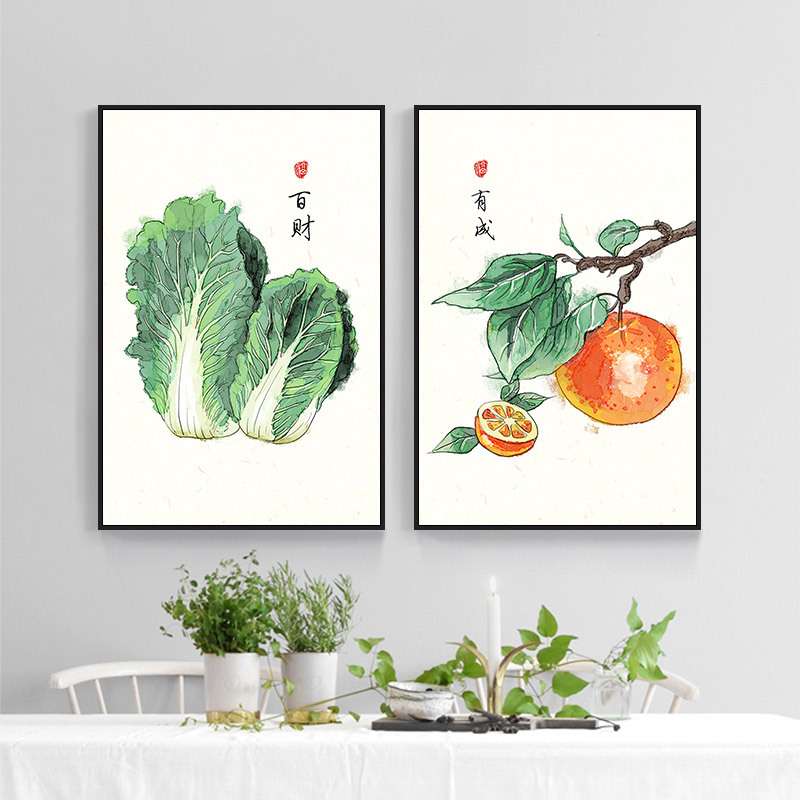 工厂 新中式餐厅装饰画白菜百财柿子事事如意挂画富贵平安壁画