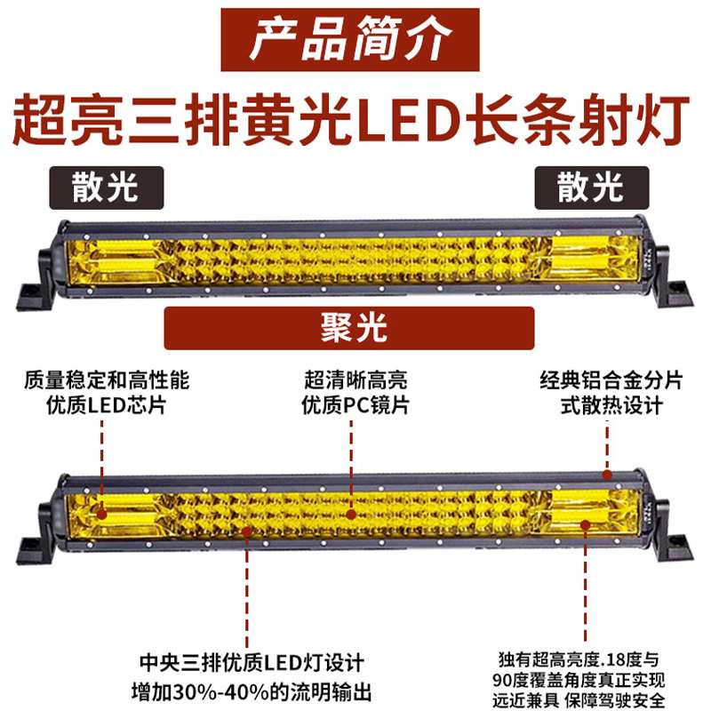 汽车雾灯led长条射灯黄光改装前雾12v24v货车防雾灯中网杠灯超亮