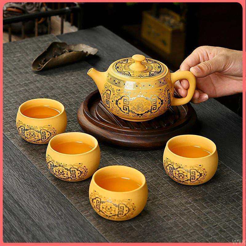 黄金段泥金银错回纹紫砂汉瓦凤鸣断水大容量茶壶泡茶专用整套茶具