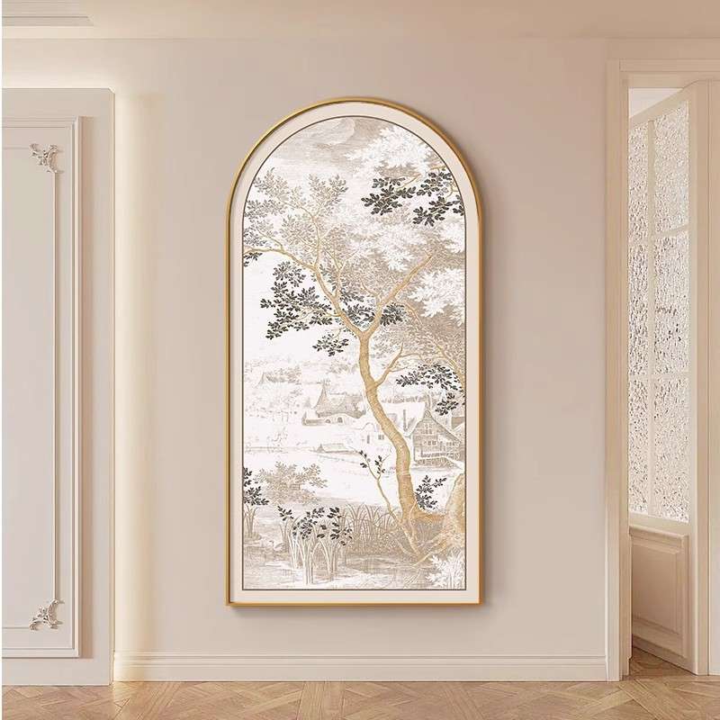 法式拱形入户玄关装饰画中古风走廊尽头挂画美式植物过道墙面壁画