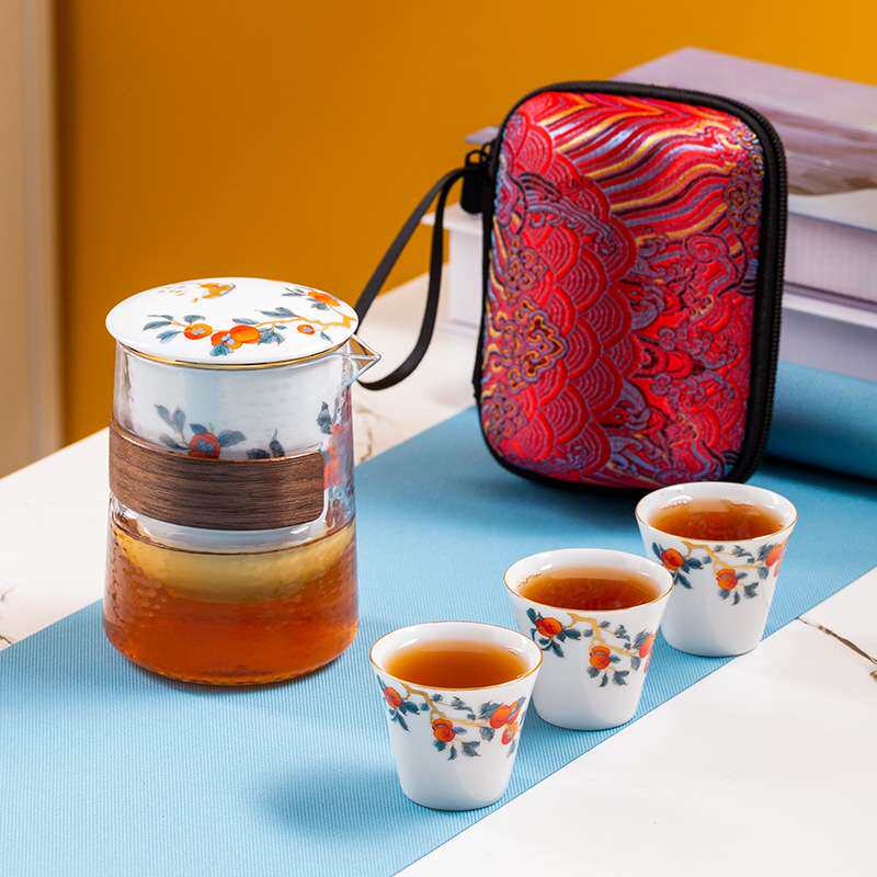 好事发生柿事如意快客杯户外随身泡茶陶瓷一壶三杯便携旅行茶具