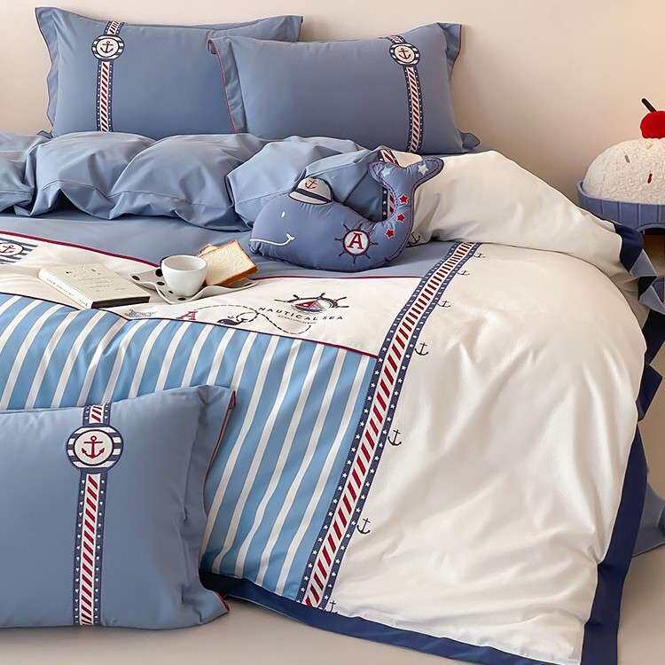 送抱枕男孩全棉磨毛四件套航海刺绣加厚纯棉1.2m被套床上用品蓝色