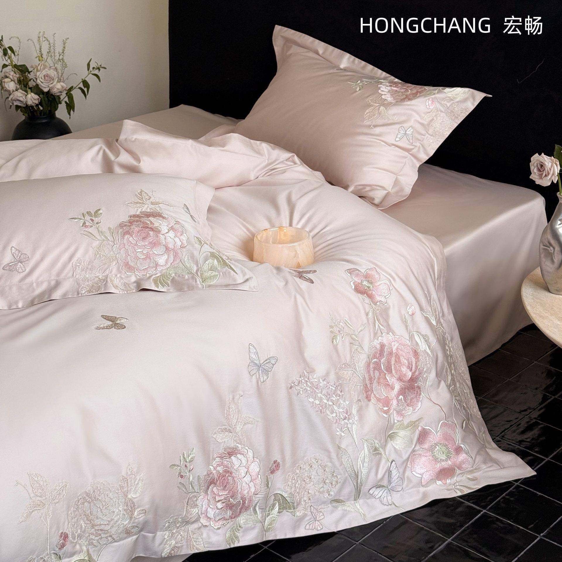 100支长绒棉四件套高支高密刺绣纯棉全棉柔软亲肤床单被套四季款