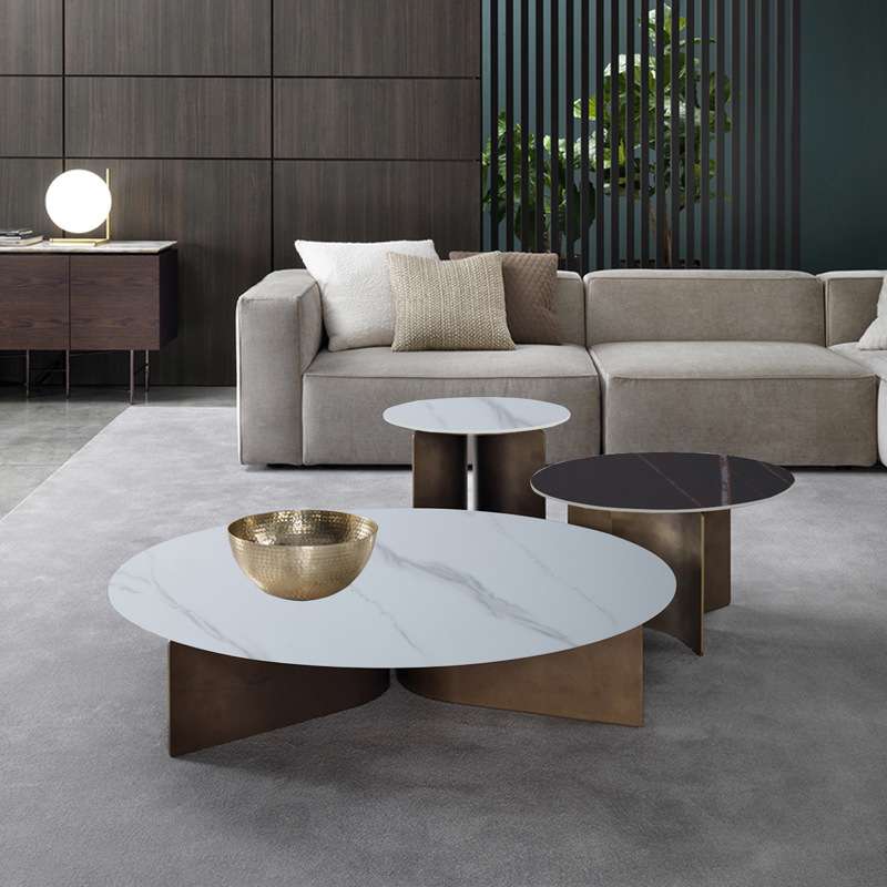 意式轻奢不锈钢茶几客厅酒店别墅设计师圆形高低岩板茶几边几组合