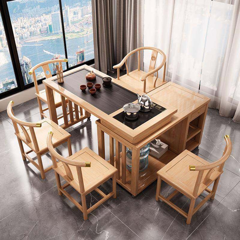 新中式实木茶桌椅组合客厅家用阳台原木色实木可旋转家用阳台茶桌