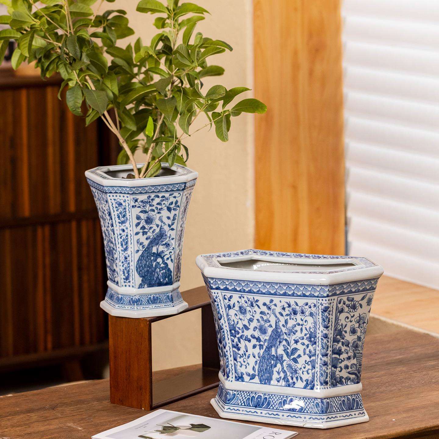 雨彤“长尾鸟”景德镇青花瓷扁花盆陶瓷仿古中式家居客厅陶瓷花盆