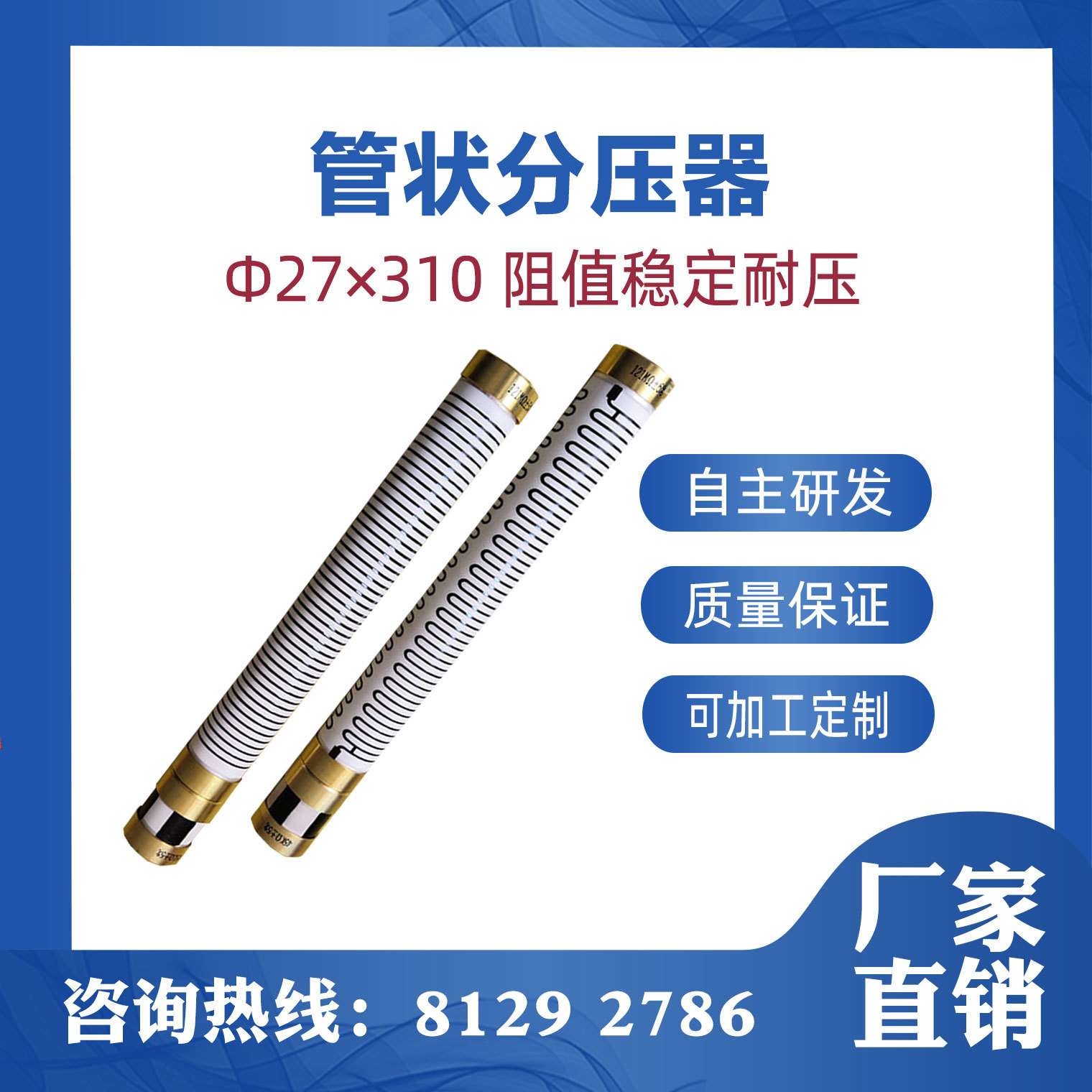玻璃釉管分压器状Φ27×310阻值稳定耐压高