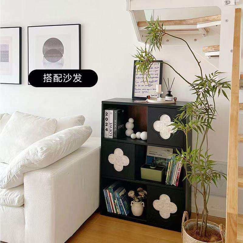 复古实木客厅书柜贝壳四叶草卧室斗柜窄书房边立柜法式中古收纳柜
