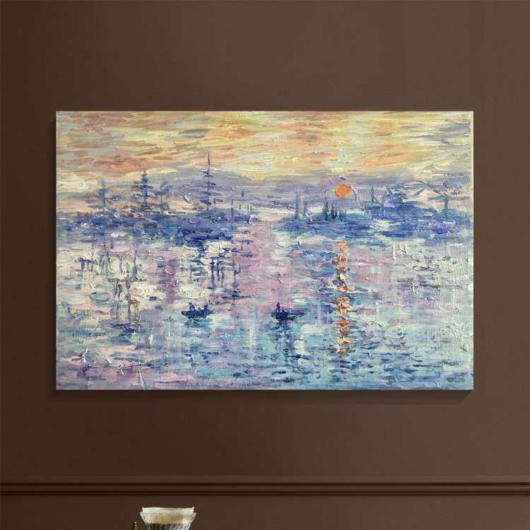 莫奈日出纯手绘油画入户玄关装饰画现代走廊过道轻奢风景横版挂画