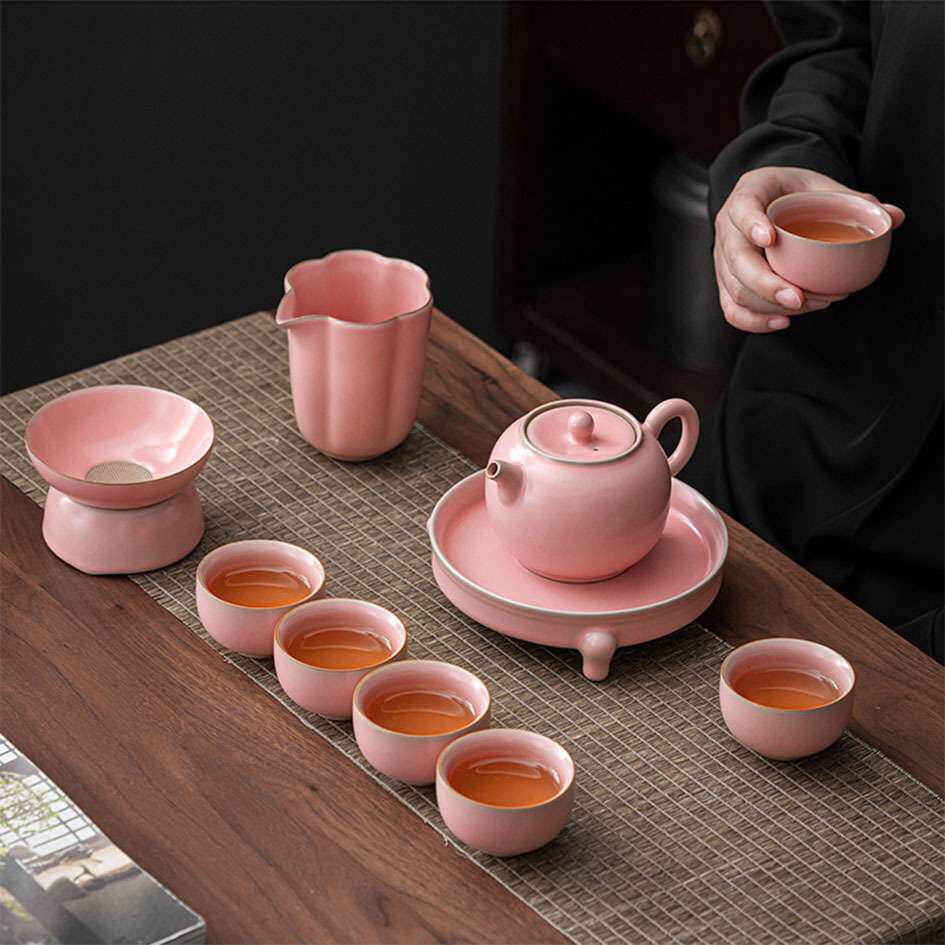 樱粉汝窑茶具套装陶瓷可养金丝线汝瓷泡茶器套组茶壶盖碗高档礼