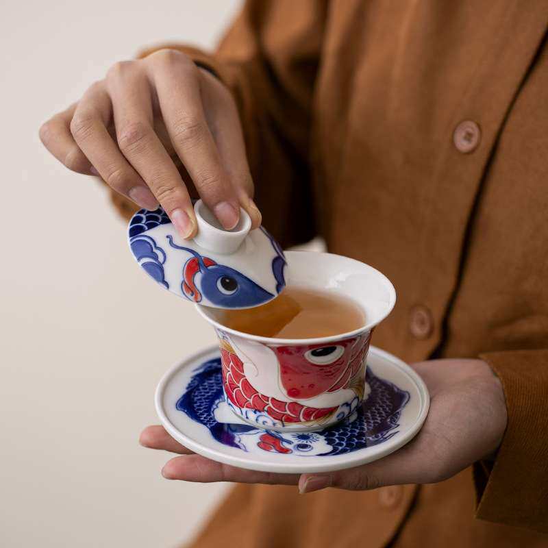 影青祥龙纳福三才盖碗茶杯单个高档国风陶瓷泡茶器带盖家用敬茶碗