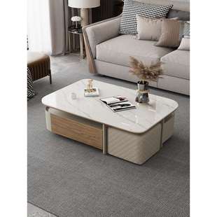 现代极简创意大小户型客厅家用长方形带凳子茶几微晶石台面茶几