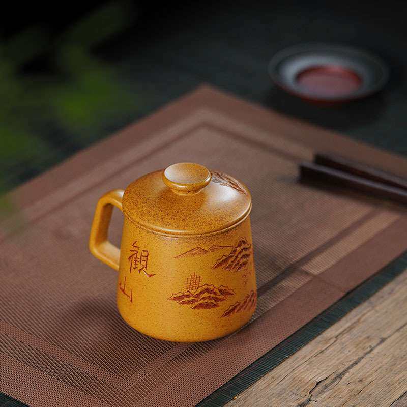 紫砂杯盖杯茶具家用大容量观山杯带盖柴烧高档主人杯知足常乐杯