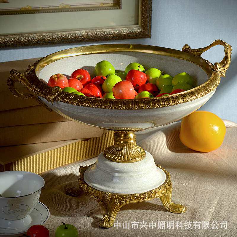 欧式家居高脚双耳果盘茶几配饰水果盆陶瓷纯铜果碗美式古典法式