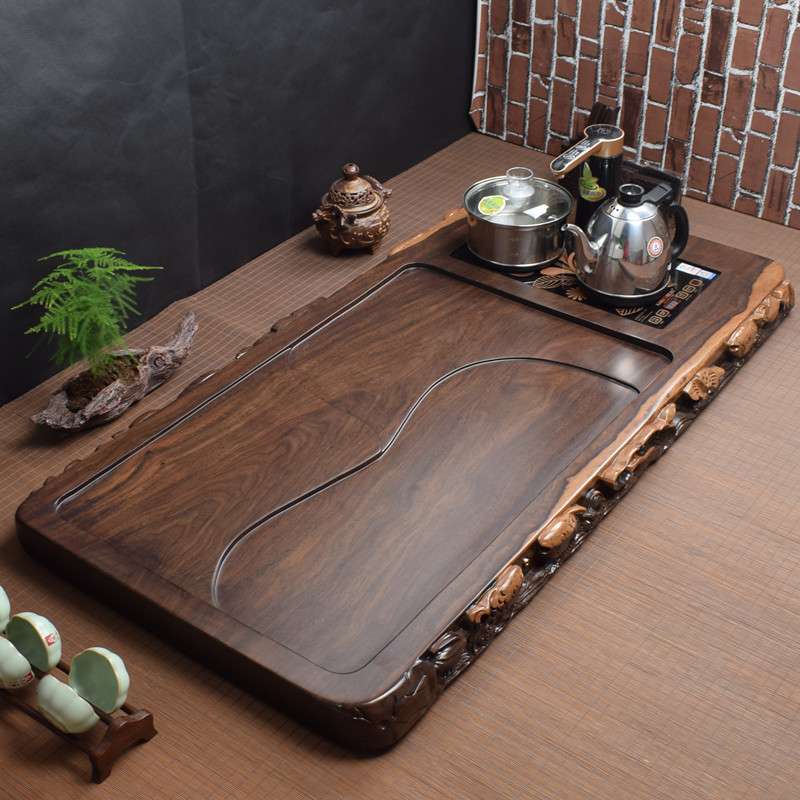 中式黑檀木茶盘带电磁炉烧水壶一体整块实木茶海茶海原木排水茶具