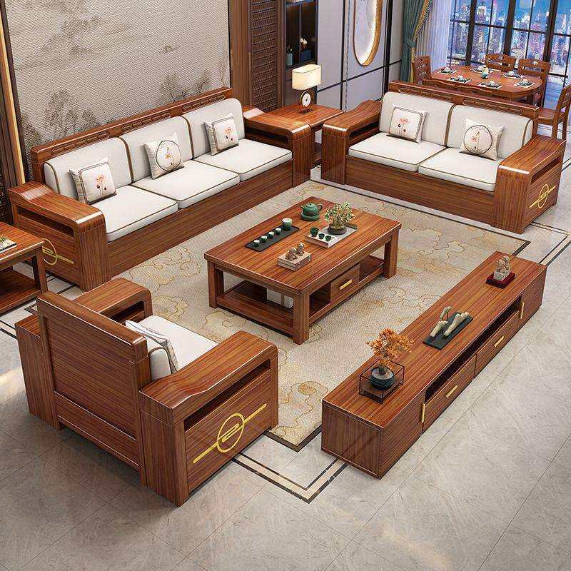 金丝胡桃木实木沙发组合冬夏两用小户型储物沙发客厅家具