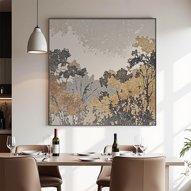 复古意式发财树客厅装饰画咖色高级酒店餐厅壁画现代方形金箔挂画图片