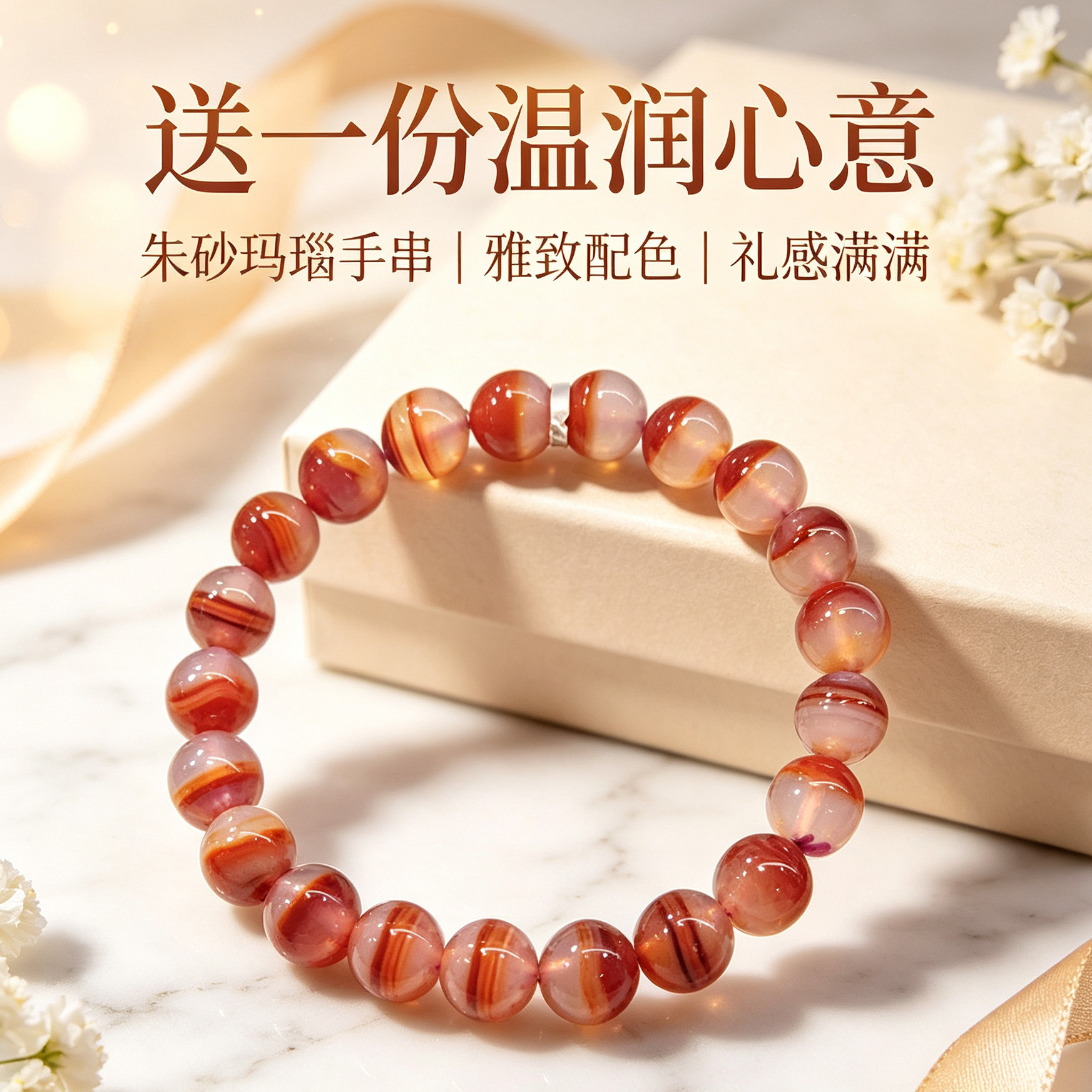 天然飘花朱砂玛瑙手串女创意礼物