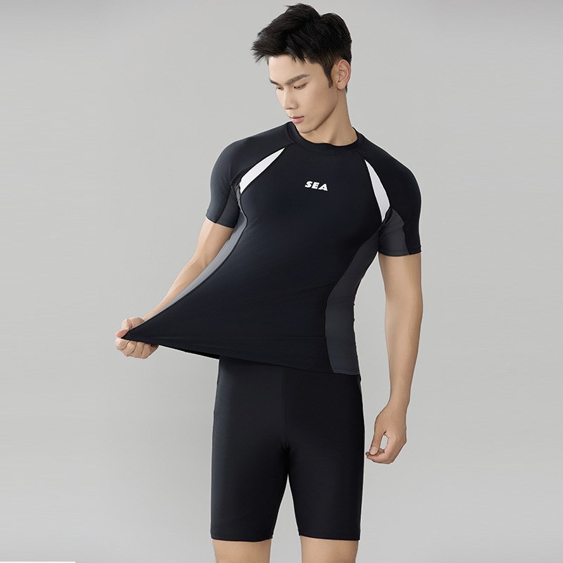 新款分体五分裤长袖男士防晒遮肚显瘦游泳衣三件套大码保守泡温泉