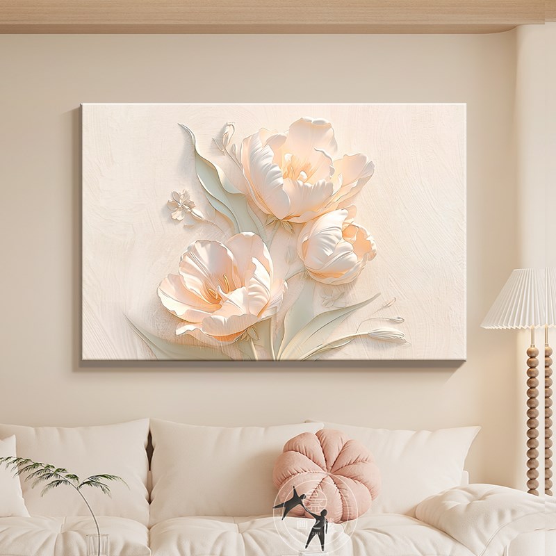 郁金香横版客厅挂画奶油风艺术花卉沙发背景墙装饰画高档卧室壁画图片