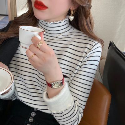 高领打底衫女高端轻奢高级感木耳边半高领条纹一体绒毛衣女2025年