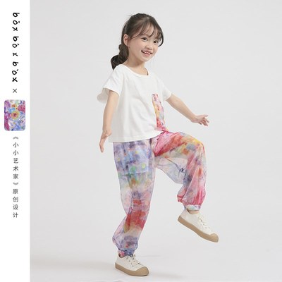 boxboxbox小小艺术家夏w季女童网纱防蚊裤儿童印花清凉网纱灯笼裤