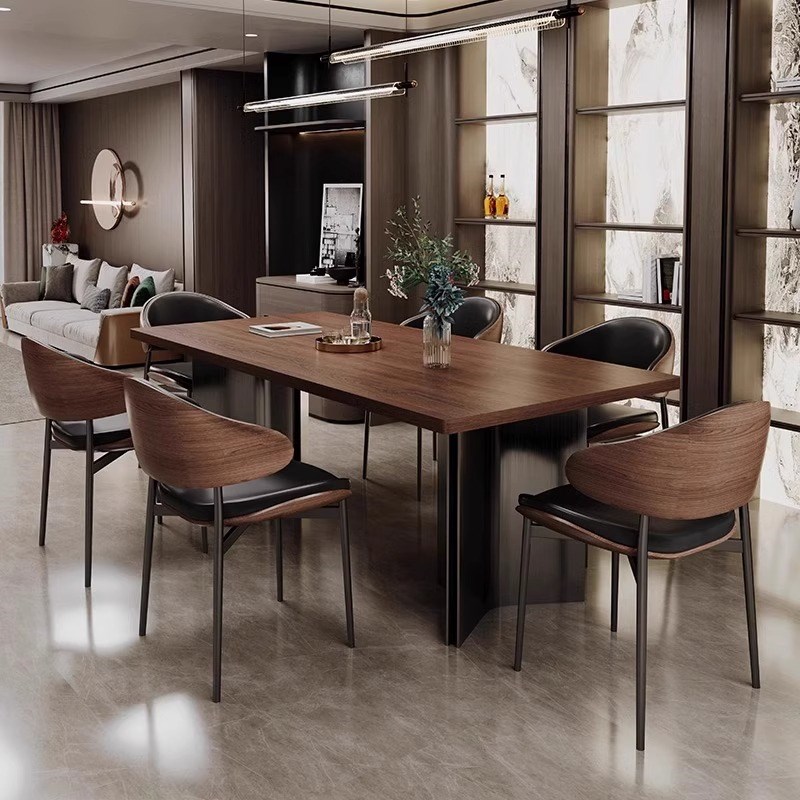 新款胡桃色木g纹岩板餐桌简约现代复古中古风大户型岛台大板茶桌