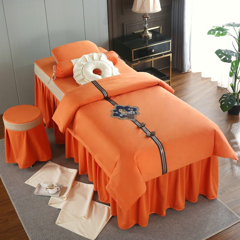 纯色美容床罩四件套高档轻奢风美容院按摩理疗采S耳床套橙色可定