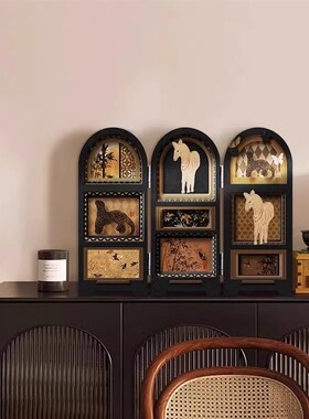 新款中古风桌面屏风摆件复古客厅电视柜装饰画玄关边柜Z法式小摆