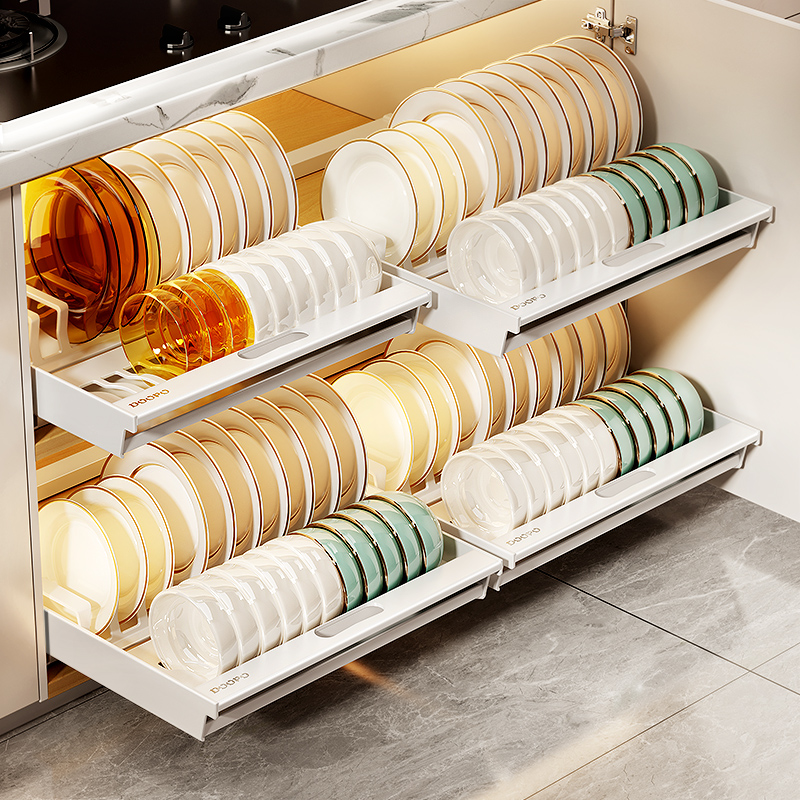 滑轮抽拉式碗碟收纳架碗架厨房置物架放碗盘抽屉式W橱柜拉篮沥水