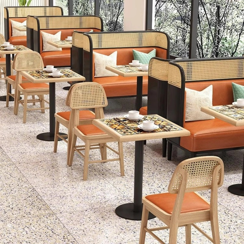 定制餐厅实木卡座餐椅茶楼餐厅连锁店火锅酒店桌椅编藤皮组合沙发