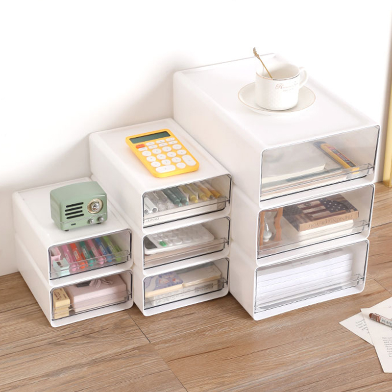 办公室桌面收纳盒抽屉式工位a4文件整理柜透P明储物箱可叠加置物