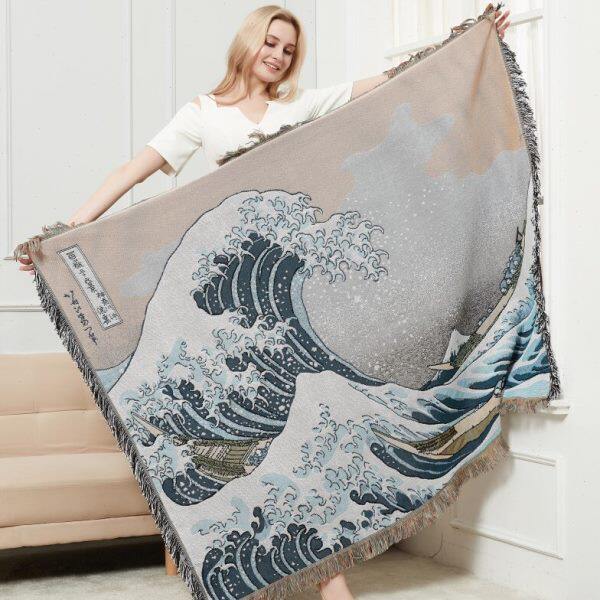 日式风神奈川海浪里多功能棉线毯单人三人位沙发垫沙发罩套盖布巾