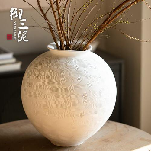 手工拉丝侘寂风粗陶花瓶白色月亮罐插干花摆件客厅可水养鲜花花器