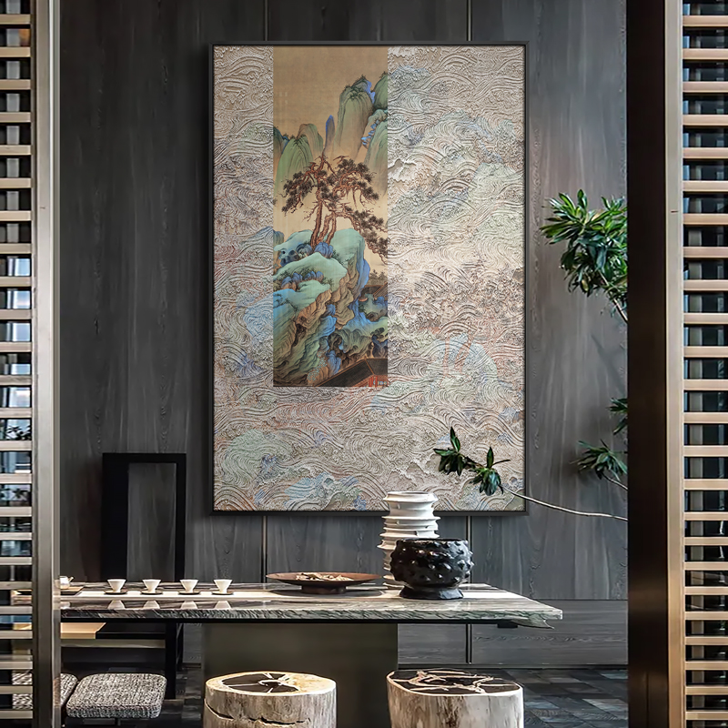 国画山水新中式茶室禅意装饰画《山岳水韵》玄关风景W浮雕实物挂
