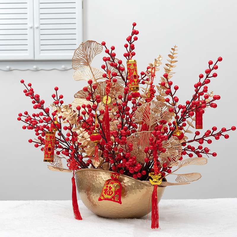 春节过年仿真冬青假花仿真花年宵花干花插花客厅装饰摆件招财